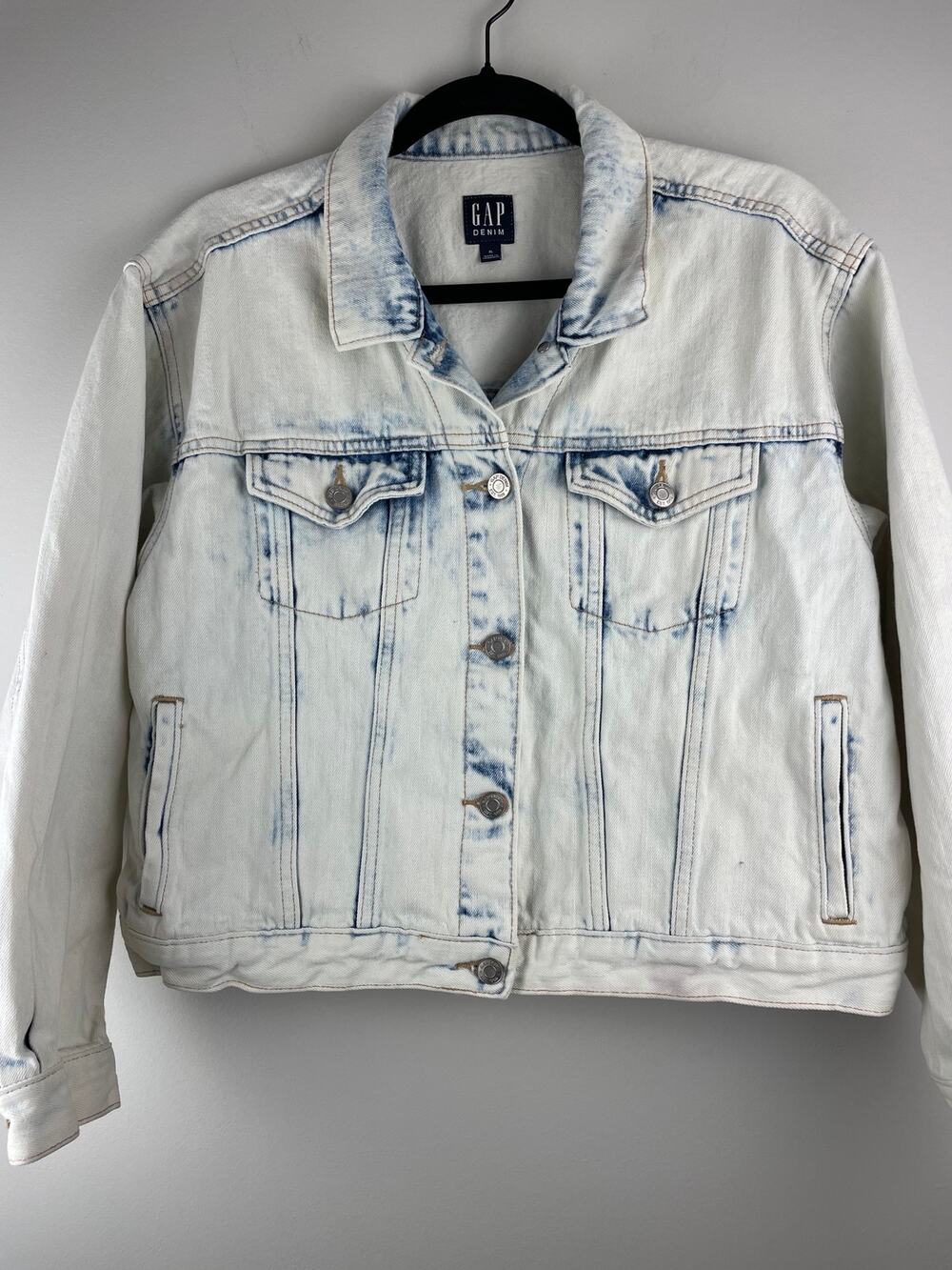 GAP Denim Icon Jacket Womens XL Crop Oversize Sunbleach Blue Acid Wash Jean